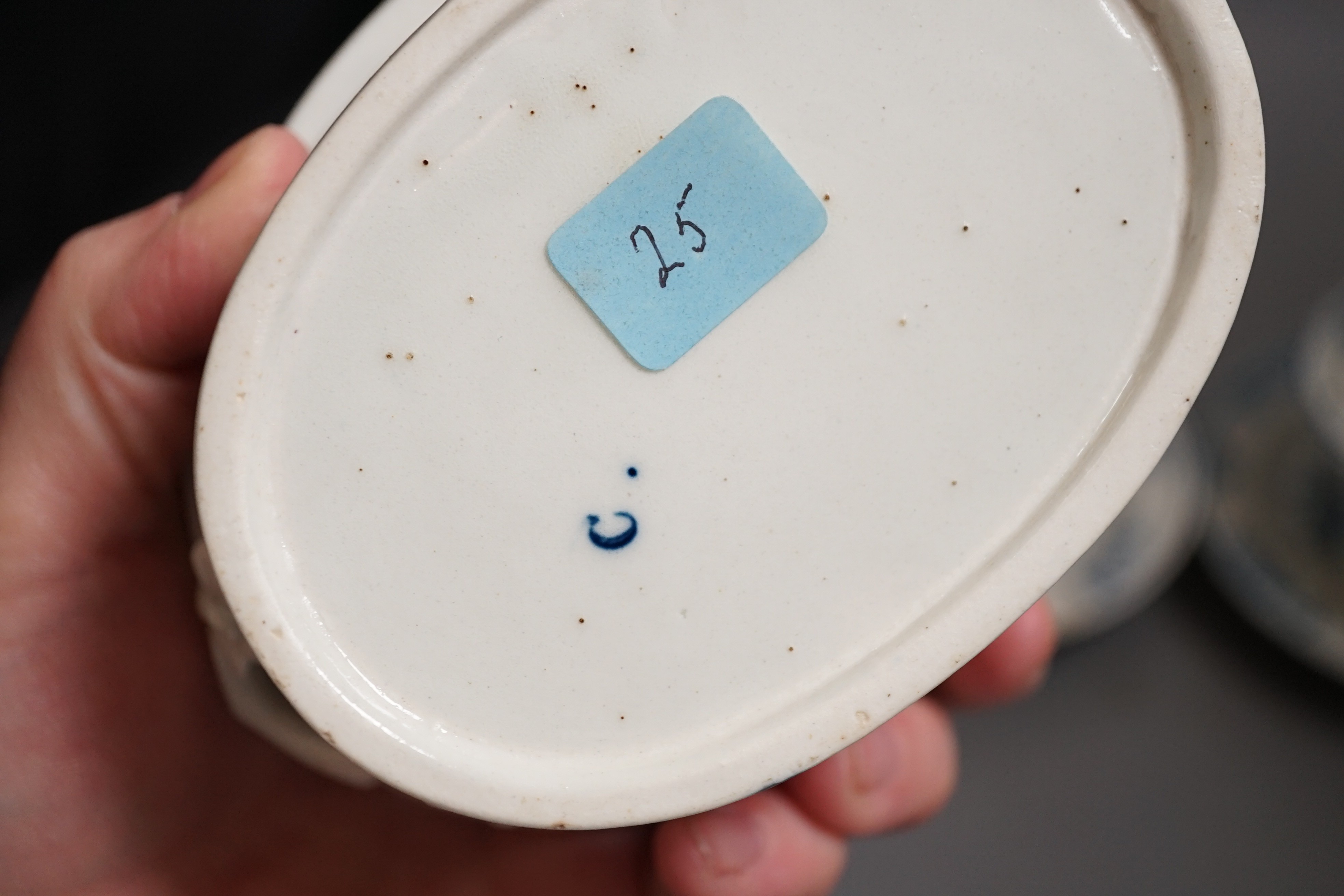 A pair of Caughley blue and white butter tubs, covers and stands, c.1780, stands 19cms wide, tubs and covers 9cms high